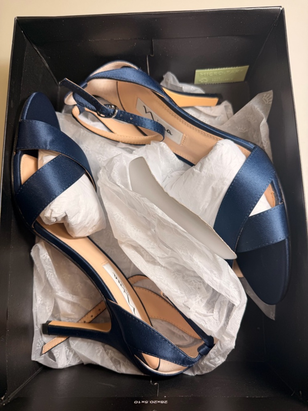 Nina Navy Satin Crisscross Open-Toe Slingback Heels